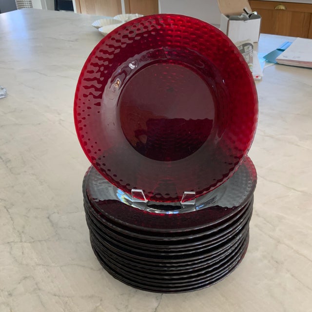 Vintage Textured Pebble Ruby Red Glass Dinner Plates- Set of 15 For Sale - Image 12 of 12