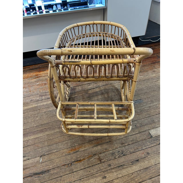 Midcentury Modern Rattan Bamboo & Wicker Bar Cart For Sale - Image 4 of 17