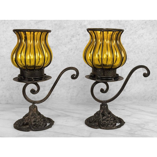 Vintage Gothic Revival Wrought Iron & Blown Amber Glass Candle Holders - A Pair For Sale - Image 4 of 9