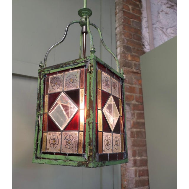 Long Arts and Crafts Stained Glass Hall Lantern, 1910s For Sale - Image 3 of 8