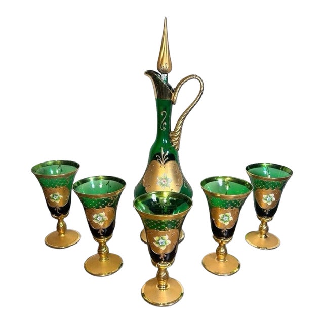 Vintage Venetian Tre Fuochi Gilded Emerald Green Glass Decanter and 5 Goblets For Sale