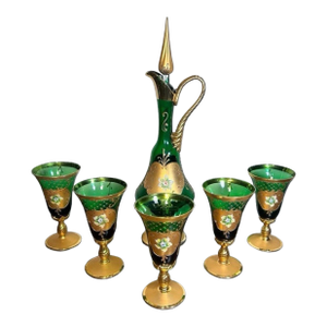 Vintage Venetian Tre Fuochi Gilded Emerald Green Glass Decanter and 5 Goblets