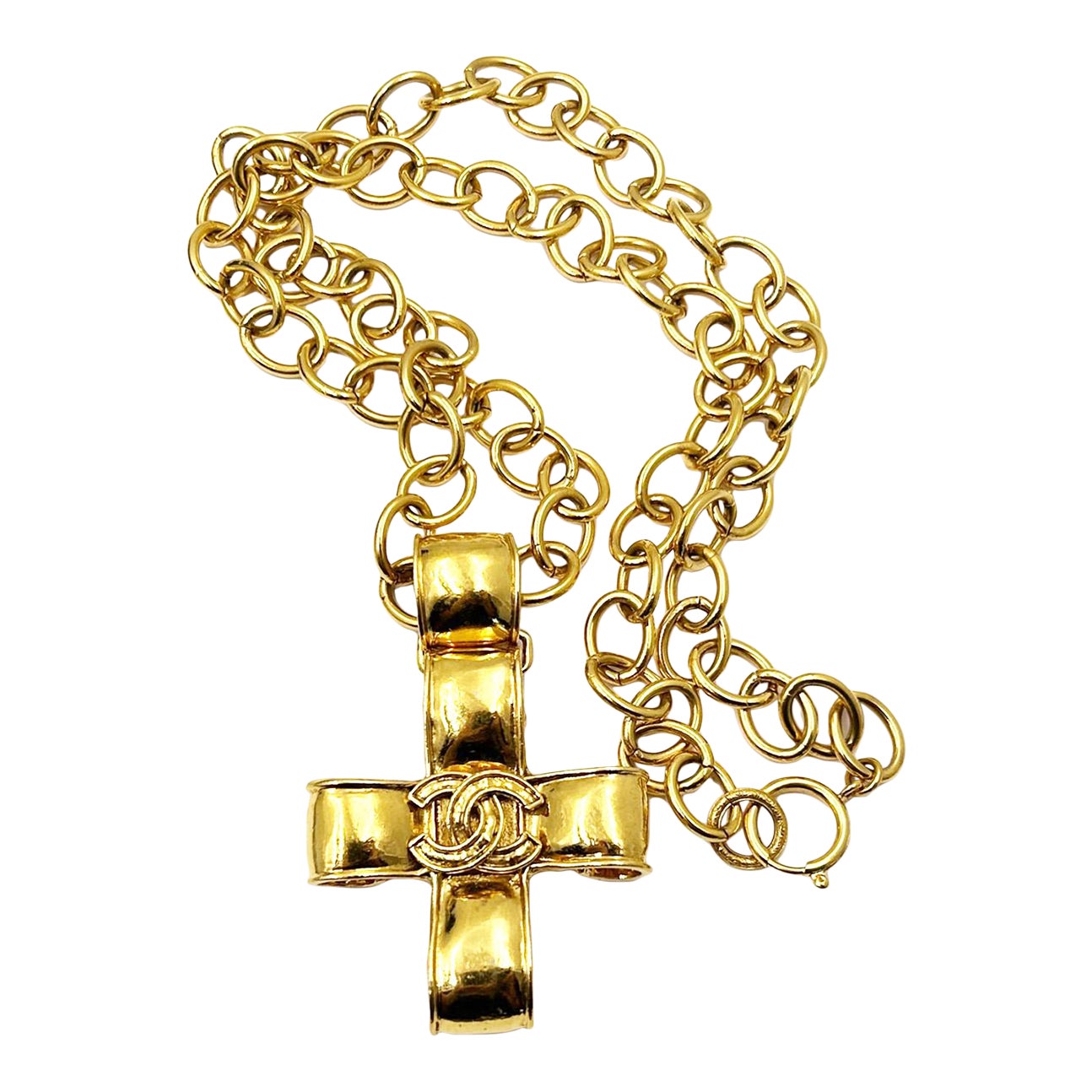 Chanel Vintage Gold Plated Large Cross Pendant Long Chain Necklace