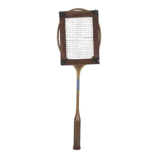 Vintage Wooden Badminton Racket in Antique Wood Press for Designer Decorating Racquet Beach House Wall Decor For Sale