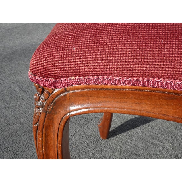 Vintage French Provincial Burgundy Needlepoint Tapestry Bench W Floral Design For Sale - Image 11 of 13