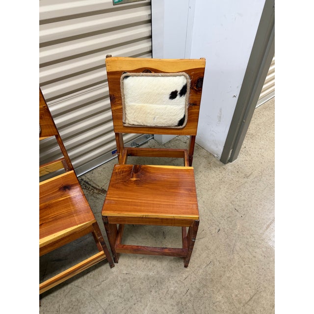 Vintage Rustic Wood Dining Chairs With Genuine Upholstery Cow Hide Set of 4 For Sale In Atlanta - Image 6 of 6