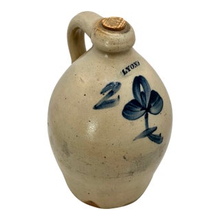 1840s Antique Blue Flower Decorated 2 Gallon Stoneware Spirits Jug by Lyons in Erie Canal Region New York For Sale