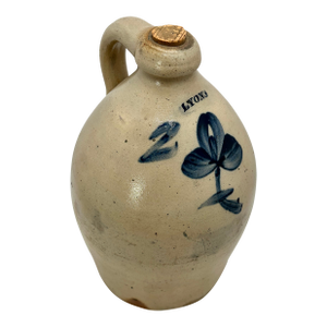 1840s Antique Blue Flower Decorated 2 Gallon Stoneware Spirits Jug by Lyons in Erie Canal Region New York