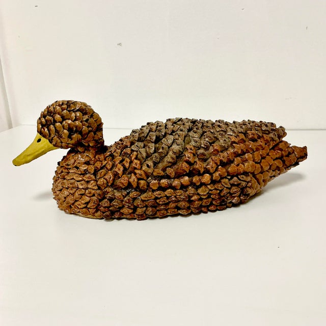 Rustic 1950s Arts & Crafts Boho Chic Adirondack Pine Cone & Paper Mache’ Duck Figurine For Sale - Image 3 of 16