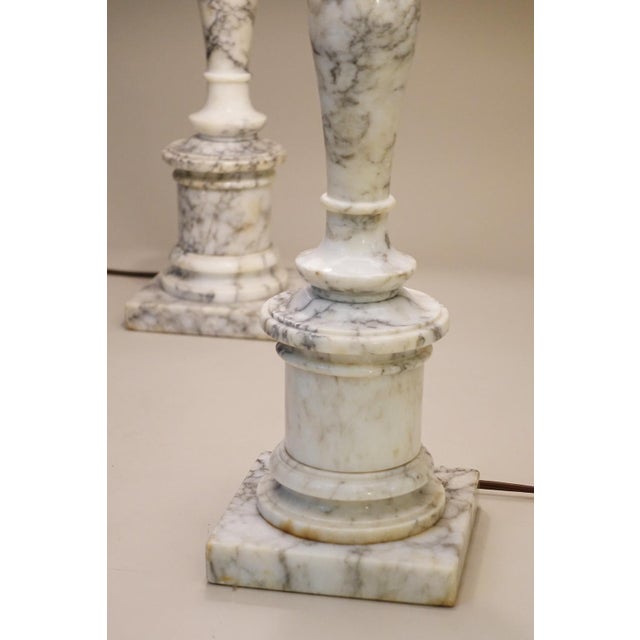 Stone 1960s Large Matched Pair Neo Classic Hollywood Regency Modern Carrara Marble Tuscan Column Style Table Lamps For Sale - Image 7 of 11