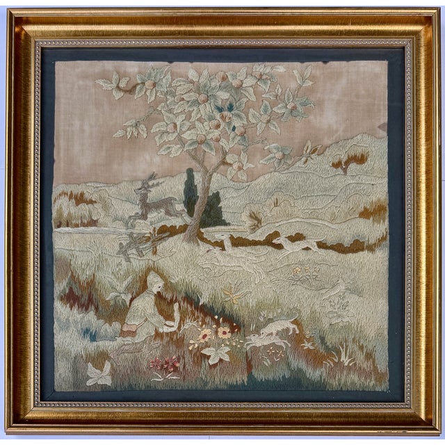 Antique English Pastoral Woolwork Embroidery With Stag, Hounds and Rabbit, 19th Century For Sale - Image 4 of 18