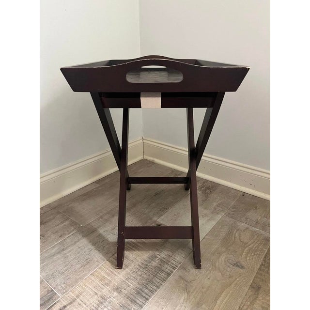 1980s Dark Wood Folding Butler Tray Table Woven Bamboo Inlay Removable Serving Tray For Sale - Image 13 of 13