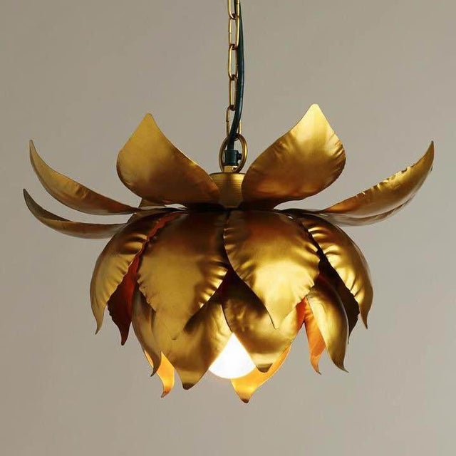 Italian Vintage 1970's Italian Gilt Metal Lotus Flower Pendant/ Chandelier/ Ceiling Fixtures a - Pair For Sale - Image 3 of 8