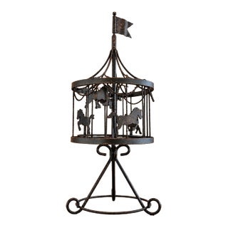 Distressed Black Metal Carousel Horse Sculpture | 28" Rotating Decor With Ornate Base For Sale