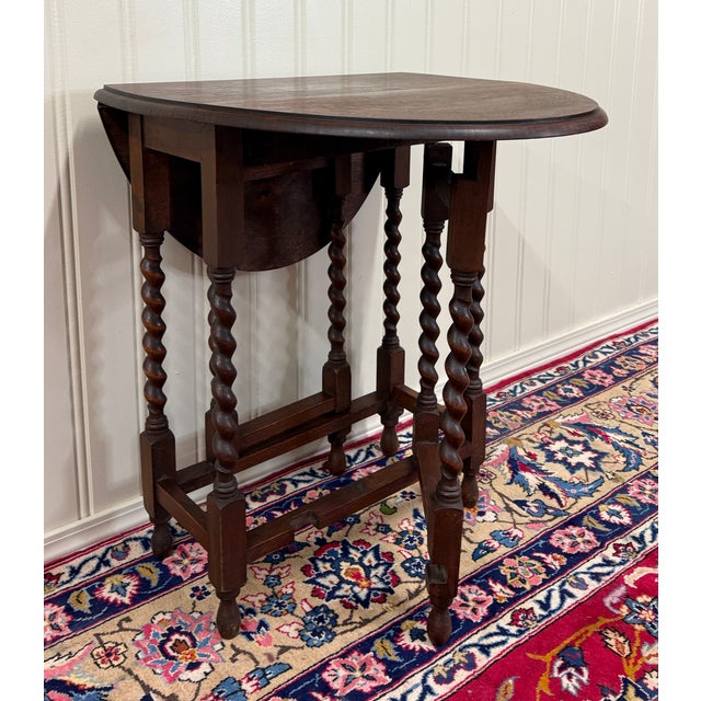 Antique English Petite Table Drop Leaf Gateleg Barley Twist Oak Oval c.1920-30s For Sale - Image 9 of 16