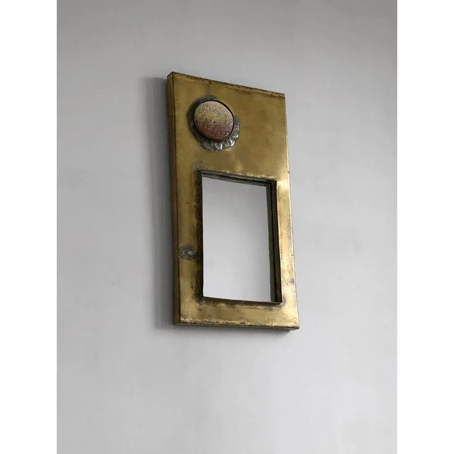 Postmodern Mirror Mural in Bronze or Patinated Brass with Ceramic Inserts attributed to Jean Péillaud, France, 1970s For Sale - Image 3 of 10