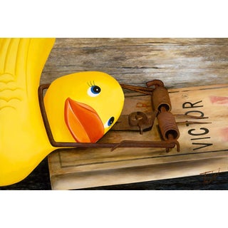 Spring by Josh Talbott | Acrylic on Canvas Yellow rubber duck on a wooden surface with a trap. For Sale