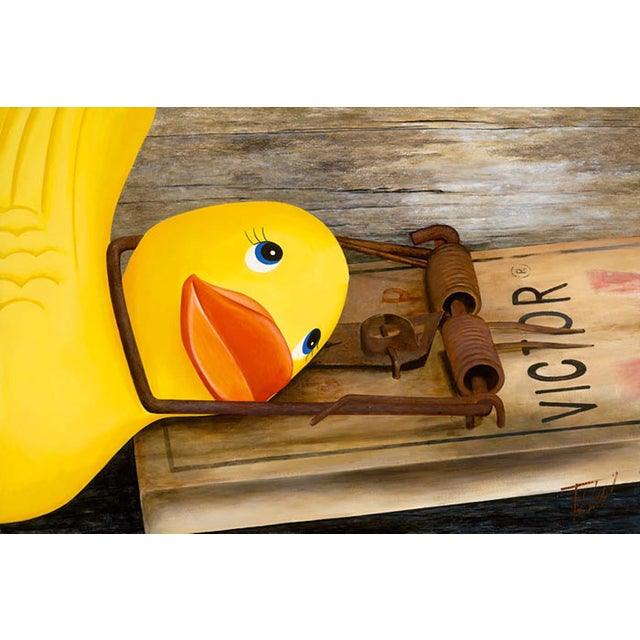 Spring by Josh Talbott | Acrylic on Canvas Yellow rubber duck on a wooden surface with a trap. For Sale