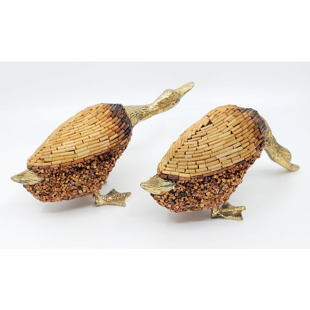 Sculpture Pair - Rare 1970s Tarzia Hand Made Italian Brass Ducks With African Bamboo Beads by Tarzia Firenze Italy For Sale - Image 9 of 14
