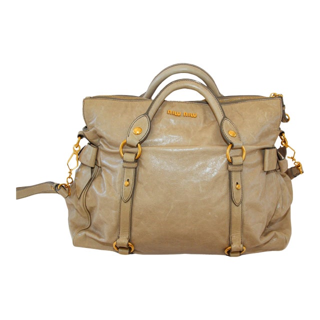 MIU MIU Beige Vitello Lux Bow Leather Hand Bag Satchel Tote For Sale