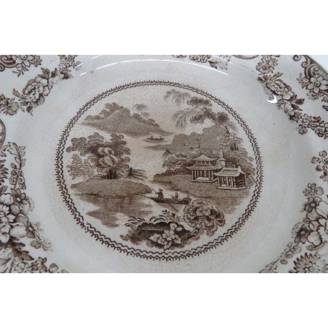 Transferware Ceramic Brown and Beige Asian Style Floral Design Plate For Sale - Image 10 of 11