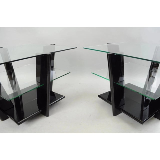 Late 20th Century Black Lacquer & Glass 3 Tier Space Age End Tables - A Pair For Sale - Image 4 of 11