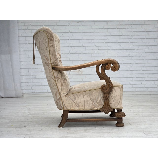 Vintage Danish Lounge Chair in Furniture Fabric and Carved Oak, 1950s For Sale - Image 10 of 18