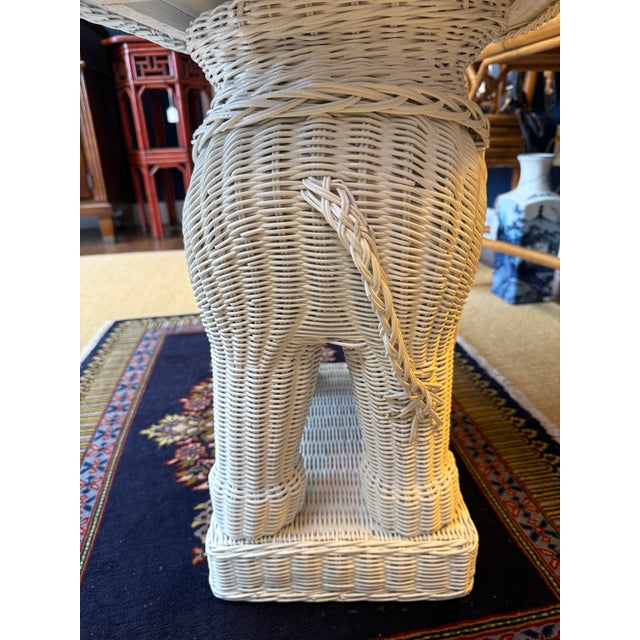 1980s Vintage White Wicker Elephant Side Table, Trunk Up For Sale - Image 5 of 9