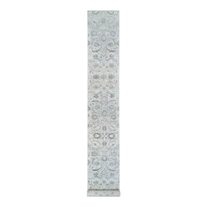 2010s Ivory and Blue Silk With Textured Wool Hand Knotted, Sickle Leaf Design Soft Pile, XL Runner Oriental Rug