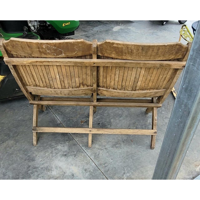 Farmhouse Vintage Wood Folding Double Theater Bench Slatted Two Seater Rustic Farmhouse For Sale - Image 3 of 6