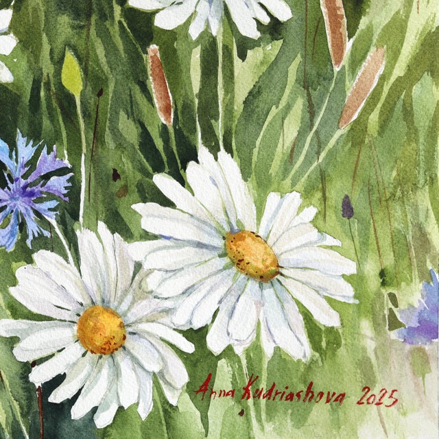Sunset Daisies - Original Green Pink Floral Landscape Watercolor Painting on Paper For Sale In Los Angeles - Image 6 of 6