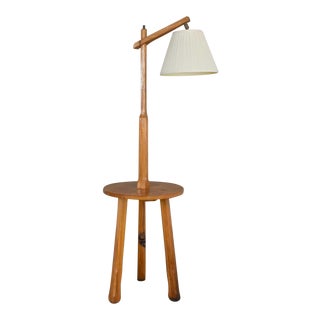 Mid 20th Century Ranch Oak Adjustable Arm Floor Lamp Tri Leg Base With Table by A. Brandt For Sale