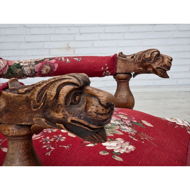 1920-30s, Danish armchair. Red furniture cotton fabric, hand carved oak wood, springs in the seat. Good condition: no...