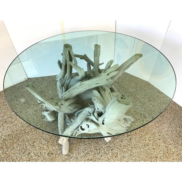 Mid-Century Modern Driftwood Center Table Round Glass Top For Sale In Miami - Image 6 of 13