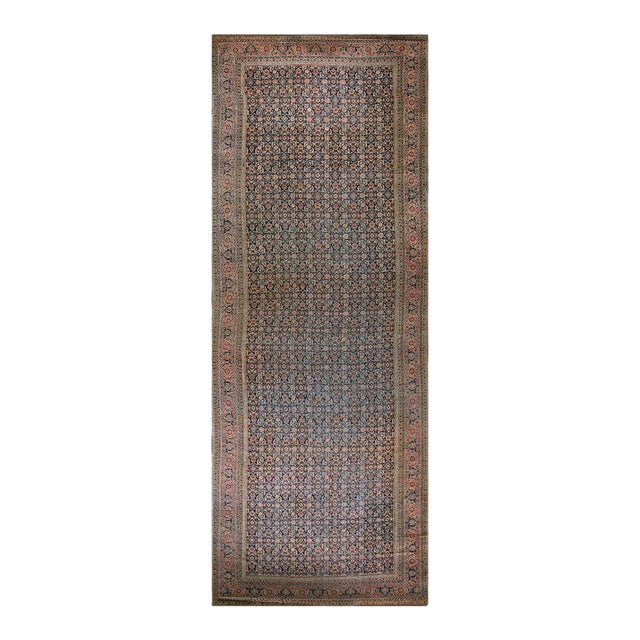 1850s Blue Navy Floral Antique Persian Herati Rug 8'6'' X 22'6'' Handknotted Wool Carpet For Sale