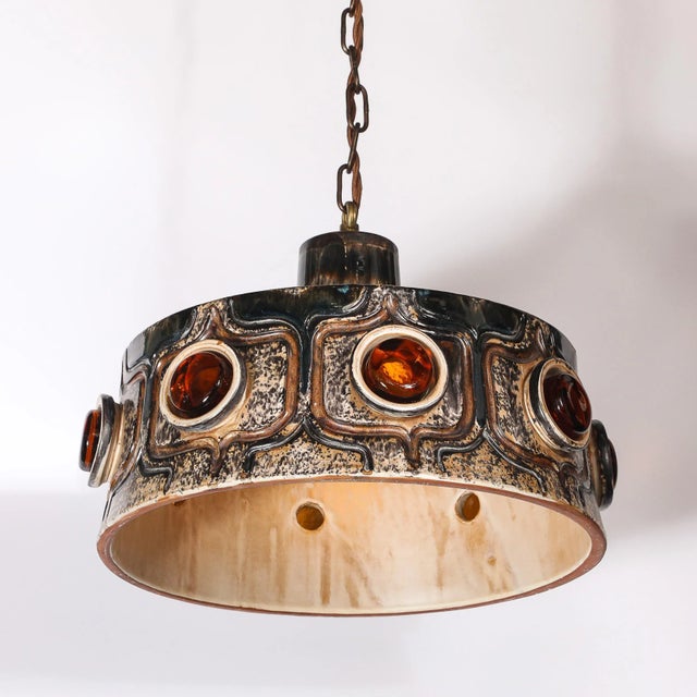 Mid-Century Cool Umber Glazed Ceramic Pendant Chandelier With Amber Glass Detail For Sale - Image 14 of 15