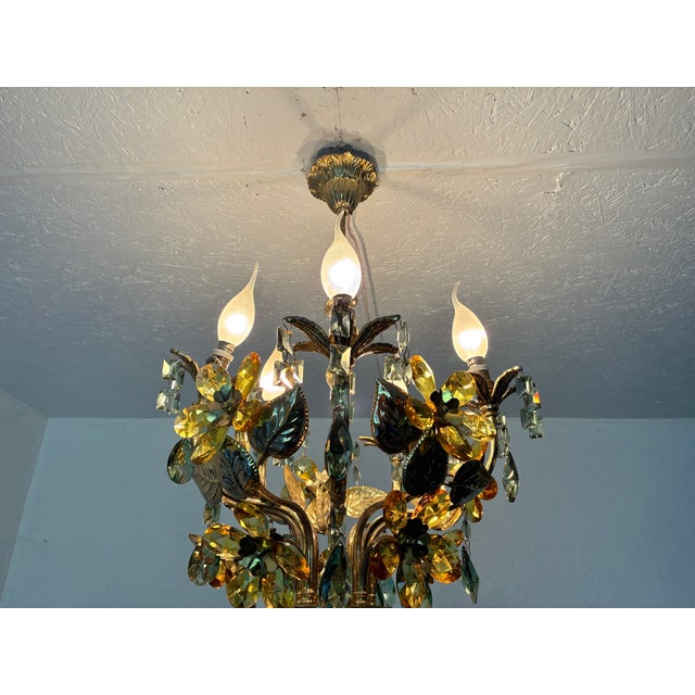 Vintage Hand-Painted Floral Crystal Chandelier | Amber & Green Glass Flowers | Classic Brass Ceiling Light | Restored Antique Lighting For Sale - Image 15 of 17