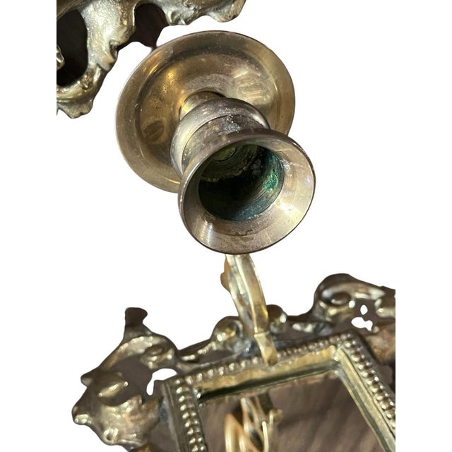 VTG Brass Set Pair Heavy Ornate Victorian 7.5” Wall Candle Holder Sconce Mirrors For Sale - Image 11 of 16