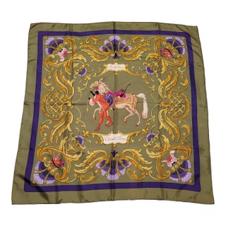 Hermes France Green Cheval Turc Turkish Horse Equestrian Art Silk Scarf For Sale