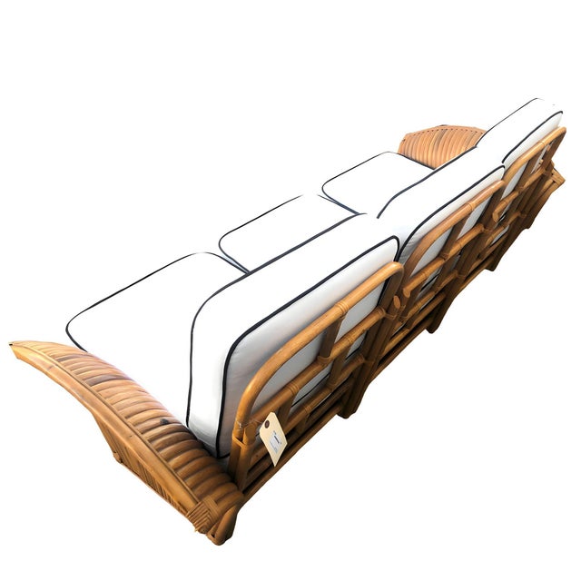 1930s Restored Art Deco Rattan "Fan Arm" Three-Seat Section Sofa With Stacked Base For Sale - Image 4 of 5