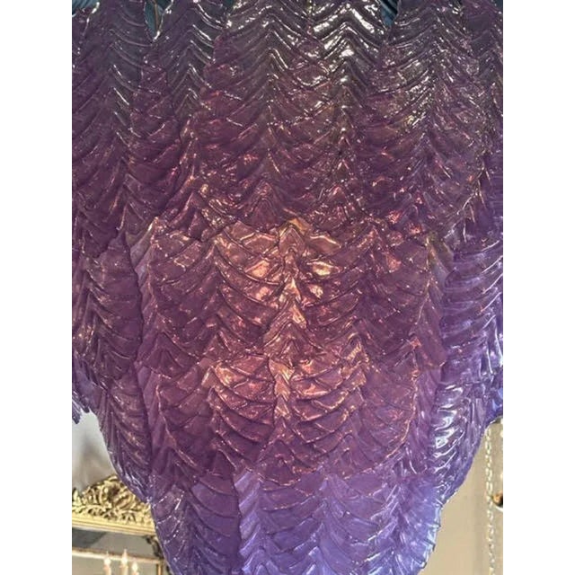 Large Scale Murano Fuchsia Colored Leaf Form Waterfall Chandelier For Sale - Image 4 of 8