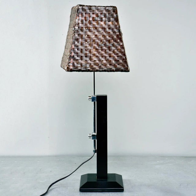 Black Mid Century Italian Adjustable Lamp With Original Woven Leather Shade For Sale - Image 8 of 8