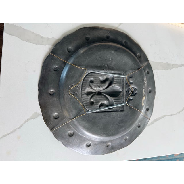 Gothic Mid-20th Century Large 15" Belgian Pewter Charger Platter With Crowned Fleur-De-Lis For Sale - Image 3 of 5