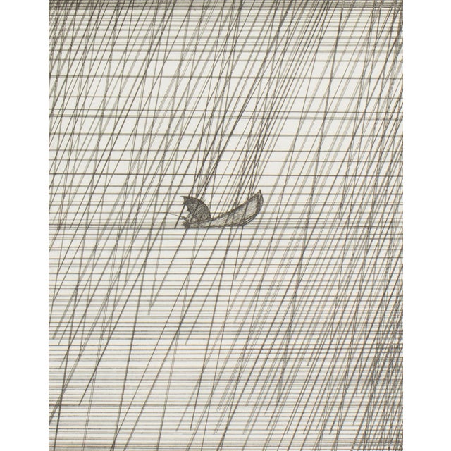 A 1982 abstract etching by the American artist Art Hansen (1929-2017). Titled Fisherman in a Rainstorm, the print depicts...