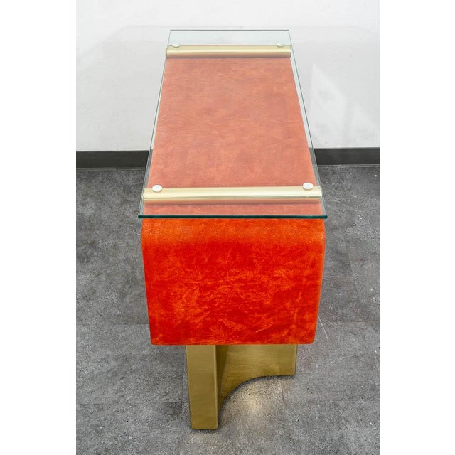 1970s Mid Century Modern Chest Entryway Cabinet Mirrored Glass Orange Velvet Italy For Sale - Image 4 of 11