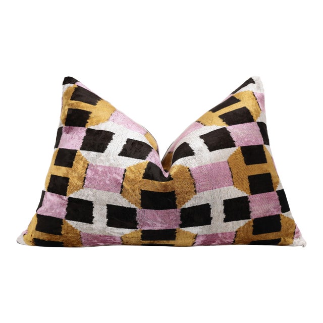 Hand-Knotted Geometric Silk Velvet Lumbar - 16x24 Gold & Lavender For Sale