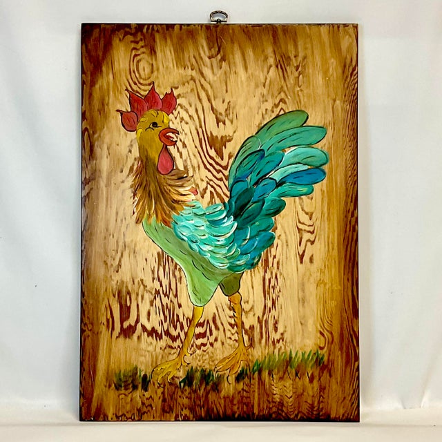 1970s Mid-Century Farmhouse Chic Original Acrylic Painting, Chicken on Pine Wood For Sale - Image 11 of 14