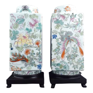 A Matched Pair of Chinese Porcelain Garden Butterflies Cong Vases