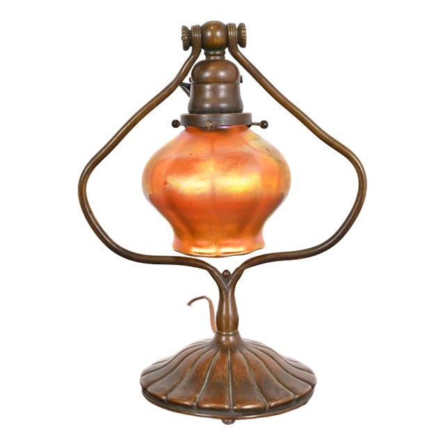 Tiffany Studios New York Bronze Harp Favrile Iridescent Art Glass Desk Lamp For Sale