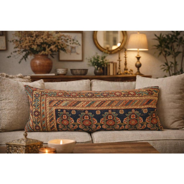 Tribal Handmade Authentic Navy-Blue Lumbar Rug Pillow Cushion Cover -16'' X 43'' For Sale - Image 3 of 13